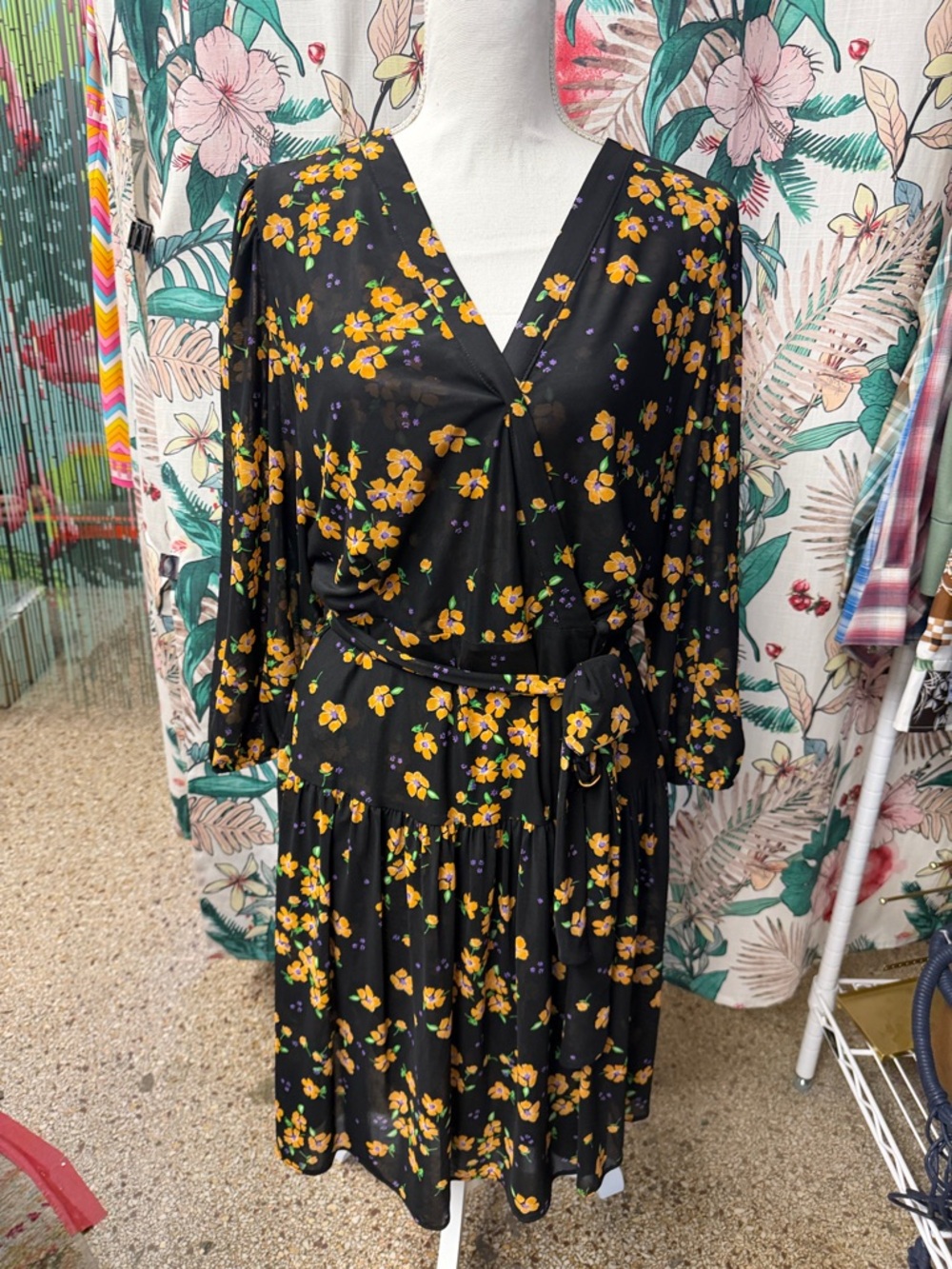 Cabi Black Floral V-Neck Faux Wrap Midi Dress with Waist Tie Size M